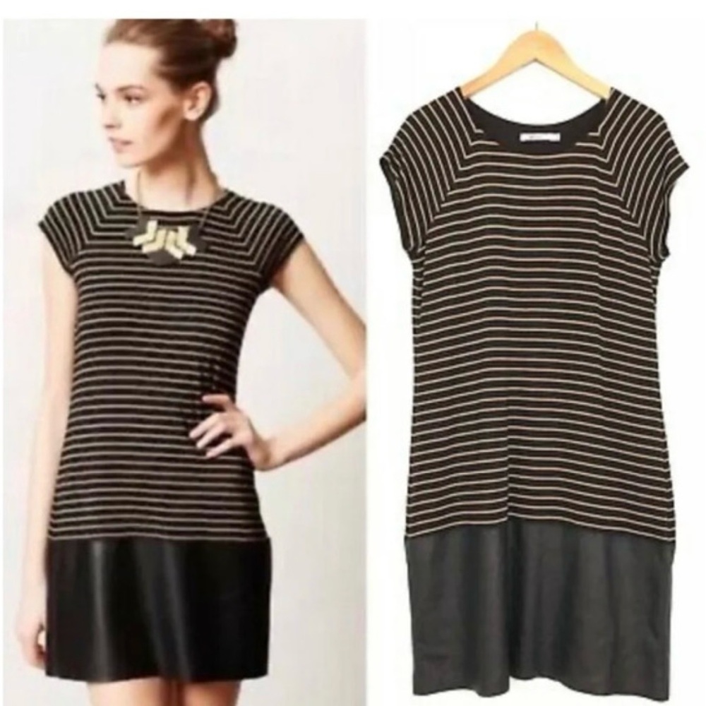 Bailey 44 Shift Dress Black with Tan Stripe Faux Leather Bottom Size Medium
